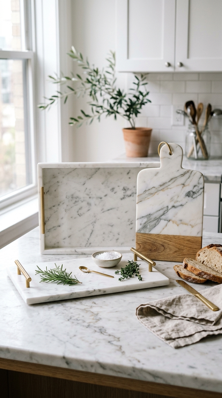 Marble tray and cutting board styled in an apartment kitchen