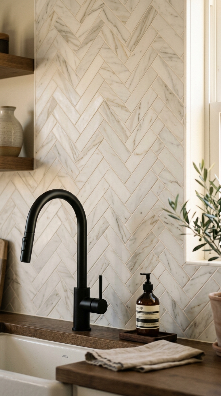 Calacatta marble herringbone backsplash in an elegant kitchen