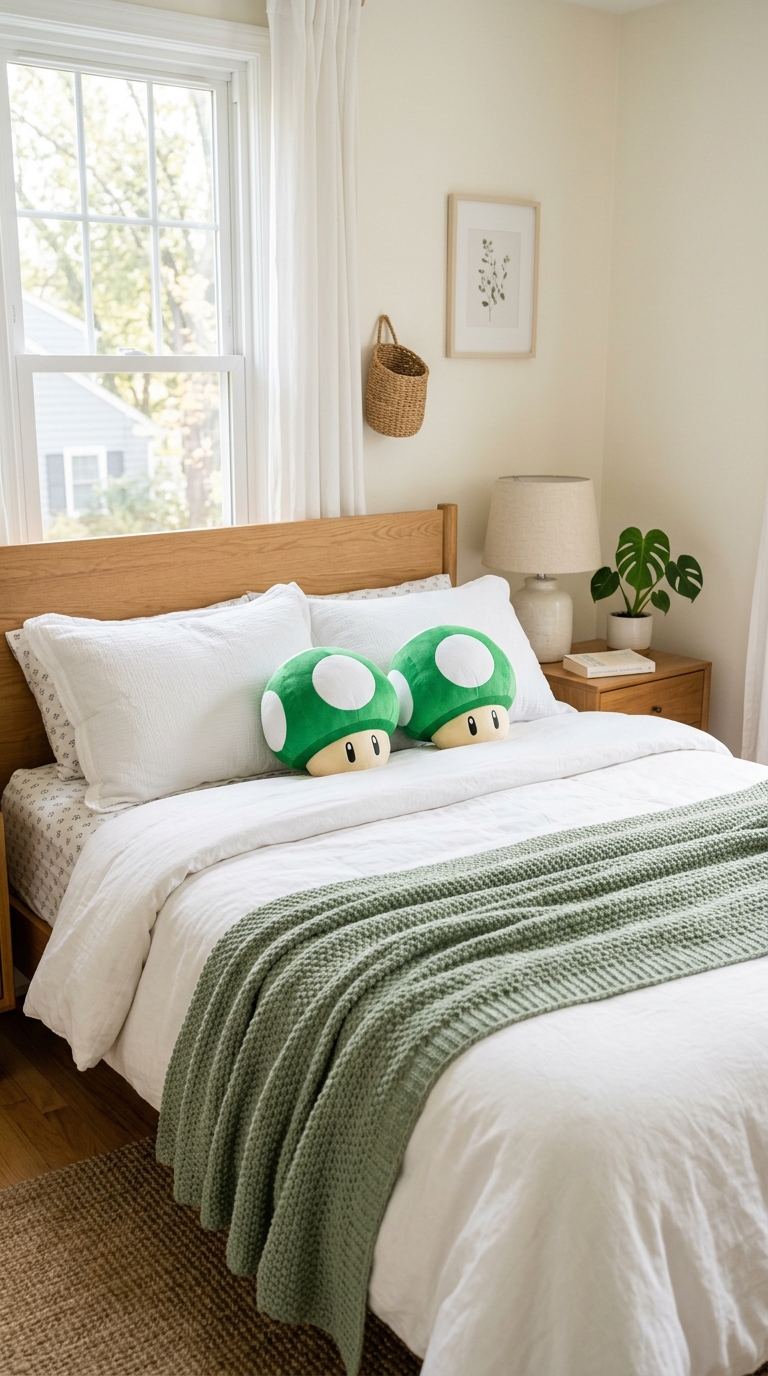 1-Up mushroom accent pillows and throw blanket on a Mario-themed bed