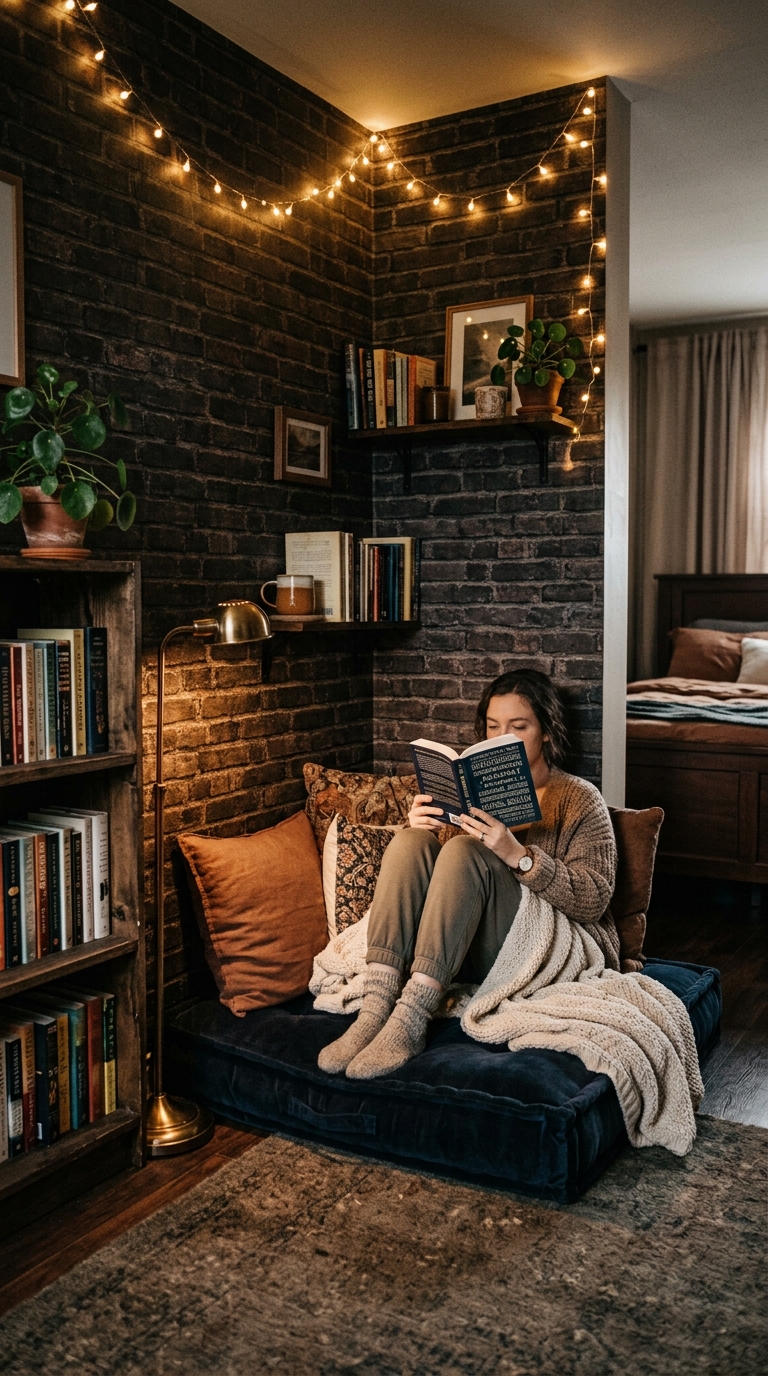 Bowser's Castle-inspired dark reading nook in a Mario bedroom