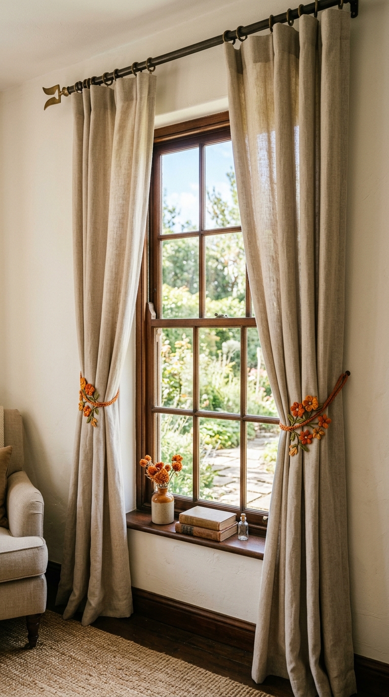 Fire Flower styled curtain tiebacks and flagpole rod in a Mario bedroom