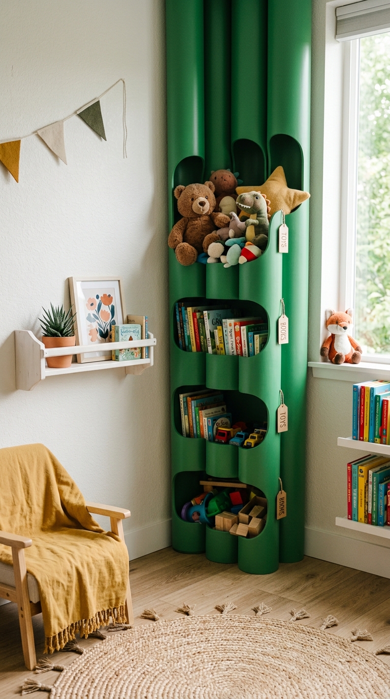 Green warp pipe styled storage bins for toy organization in a Mario bedroom