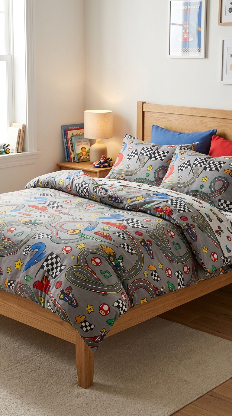 Colorful racing-themed bedding set styled on a kids' bedroom bed