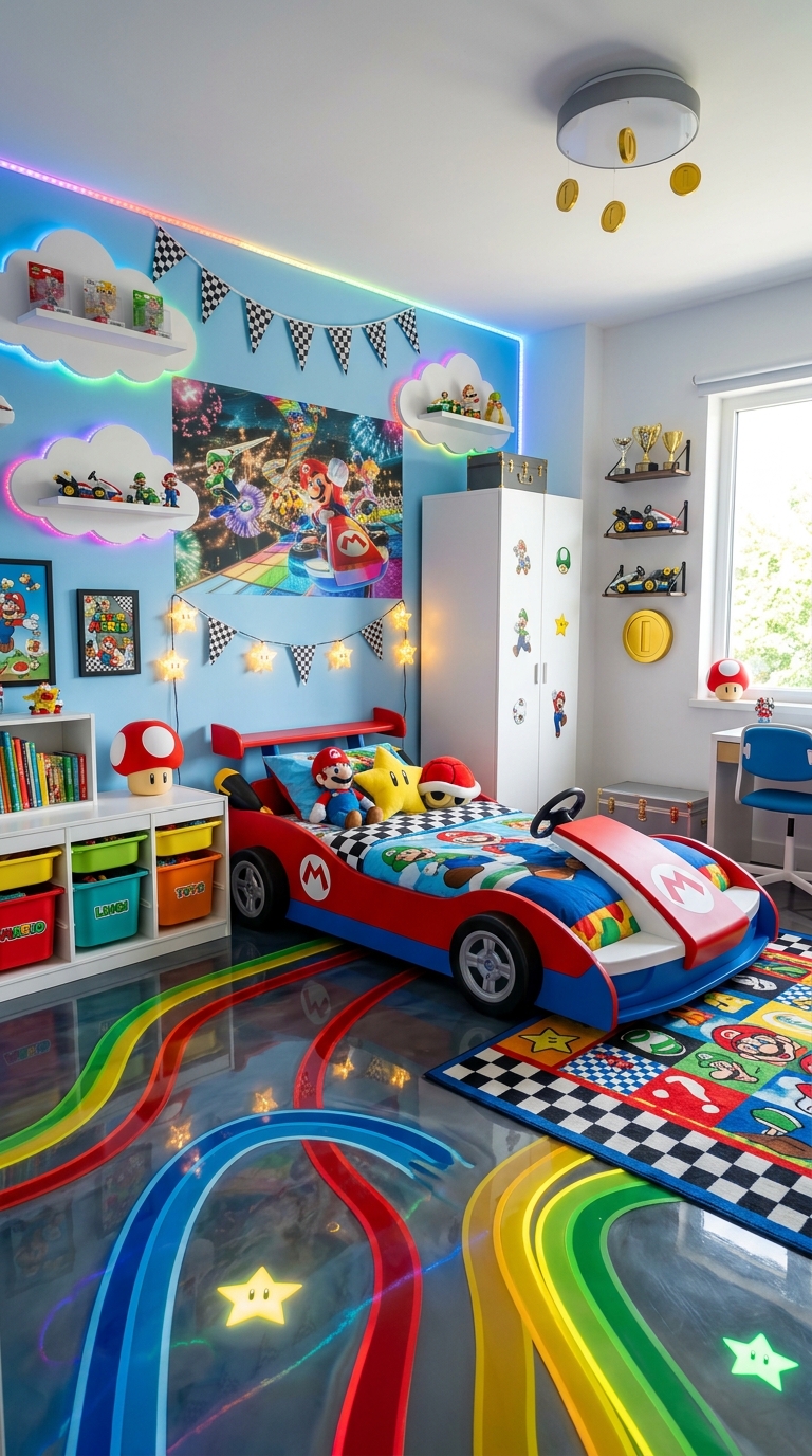 Colorful Mario Kart bedroom ideas with Rainbow Road inspired kids room design and racing decor.
