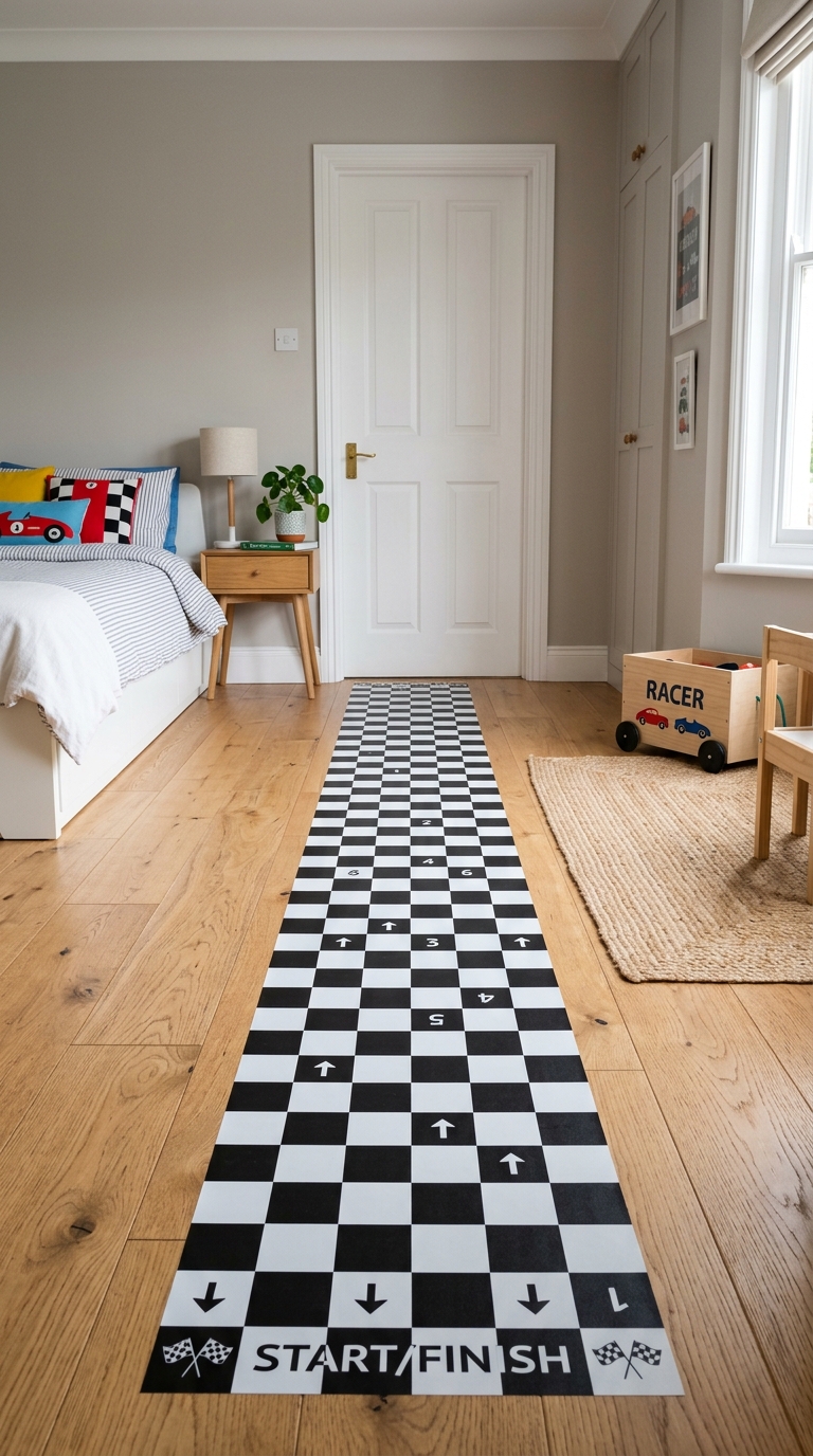 Checkered Mario Kart race track floor decal in a kids bedroom