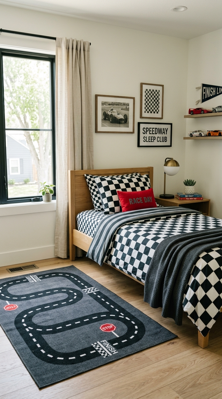 Mario Kart-inspired racing flag bedding and race track area rug