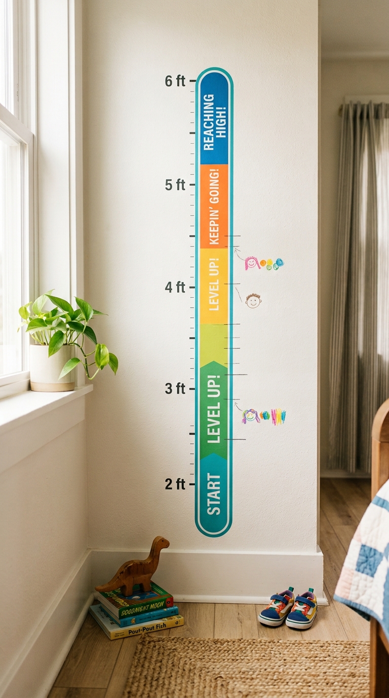 Mario level progress bar styled growth chart decal on bedroom wall
