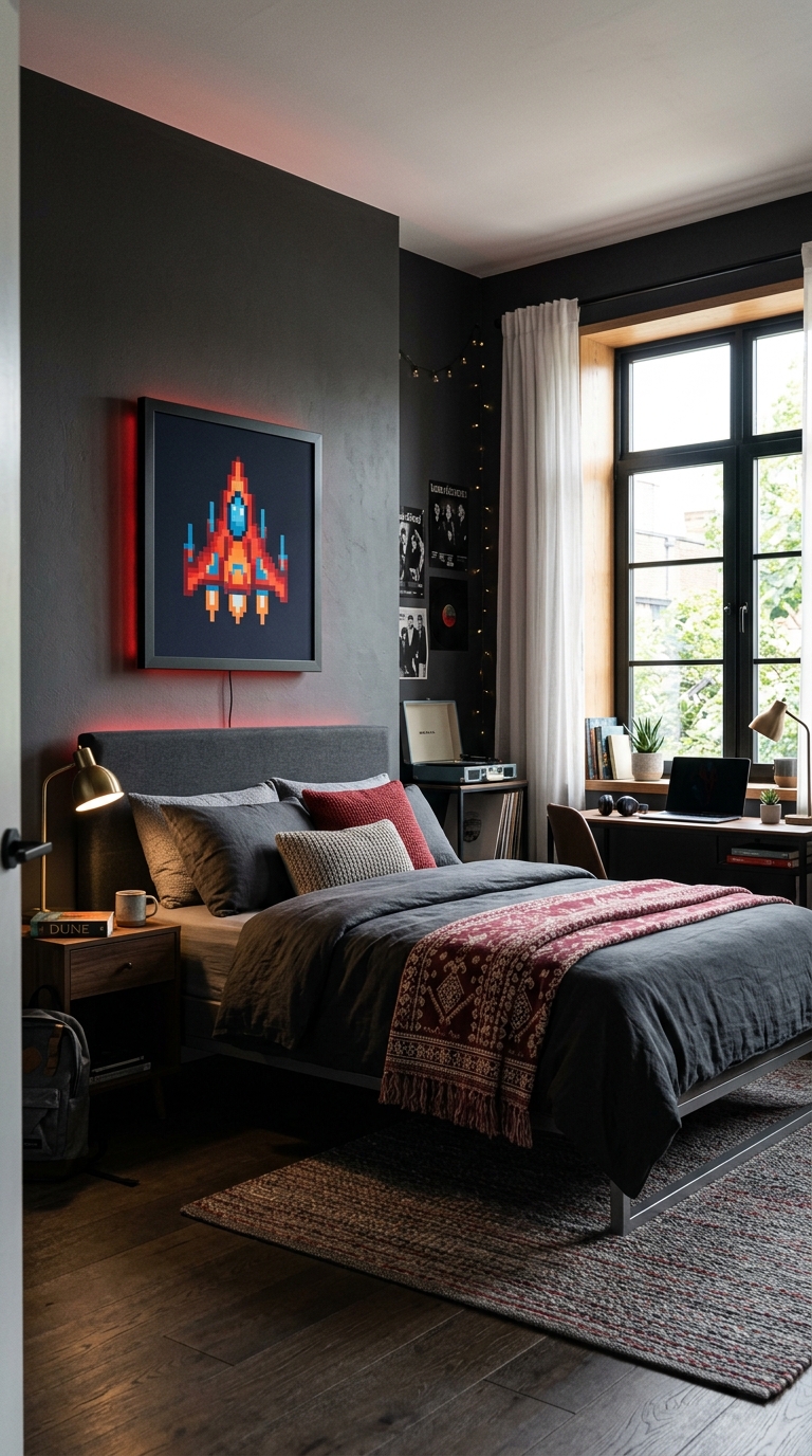 Modern muted Mario-inspired teen bedroom design with red accents
