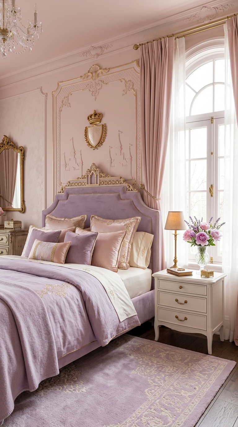 Princess Peach castle-inspired pastel pink and gold Mario bedroom