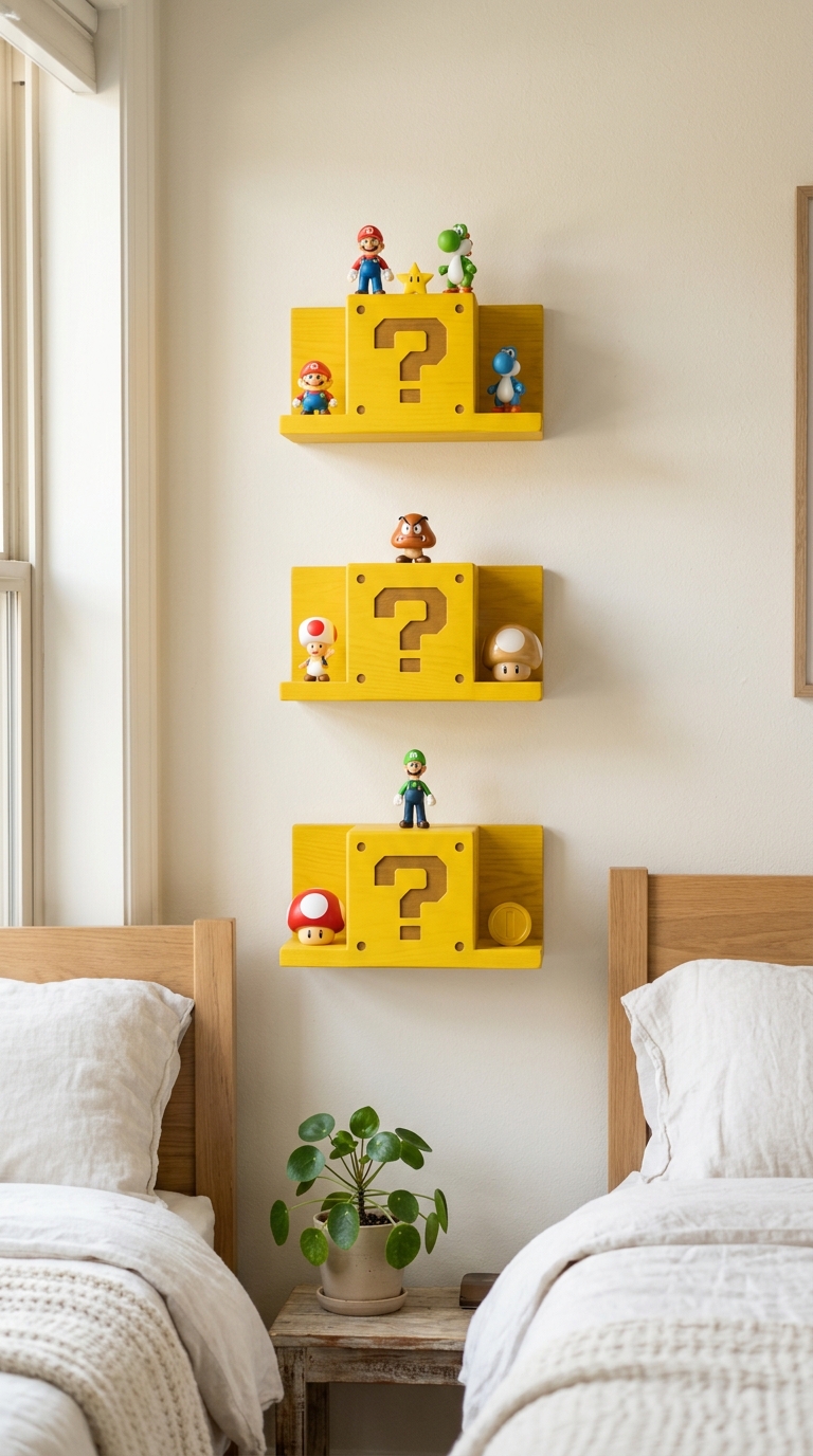 Yellow question block floating shelves in a Mario-themed kids' bedroom