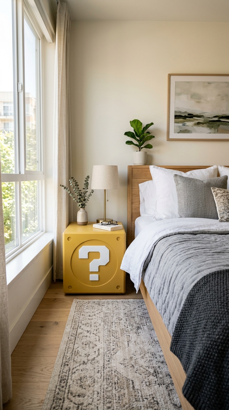 DIY yellow question block nightstand in a Mario-themed bedroom
