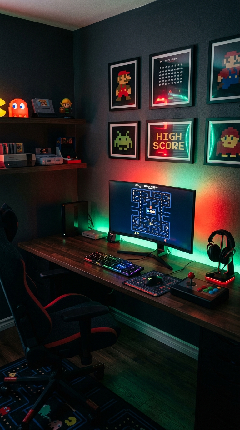 Retro Mario-inspired arcade gaming corner with LED lighting for teens