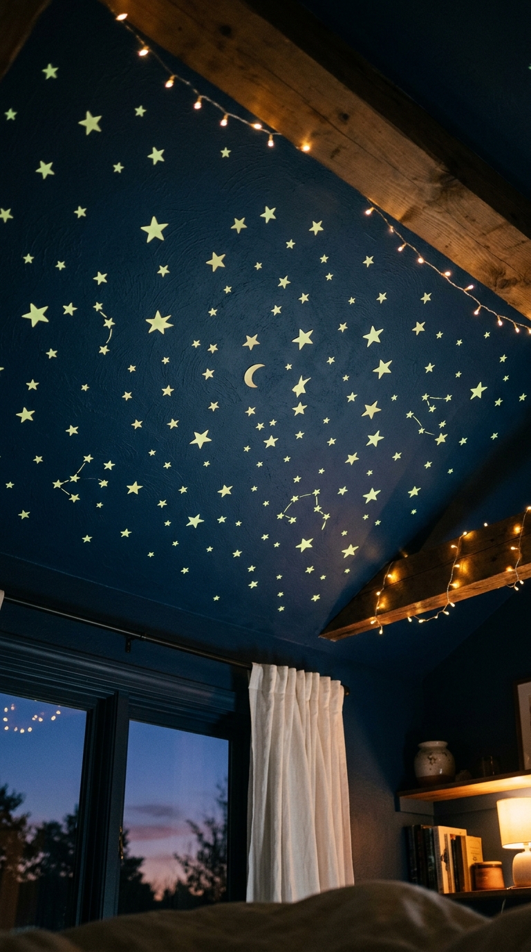 Glow-in-the-dark star decals inspired by Mario star power on bedroom ceiling