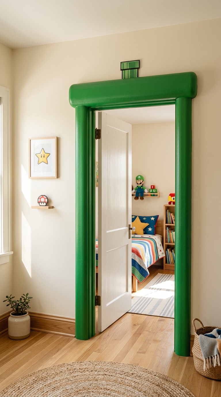 Super Mario themed bedroom doorway styled as a green warp pipe entrance