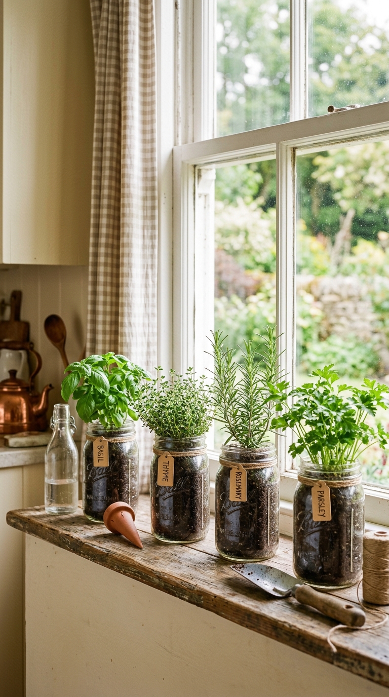 Herb garden growing in mason jars on a kitchen windowsill