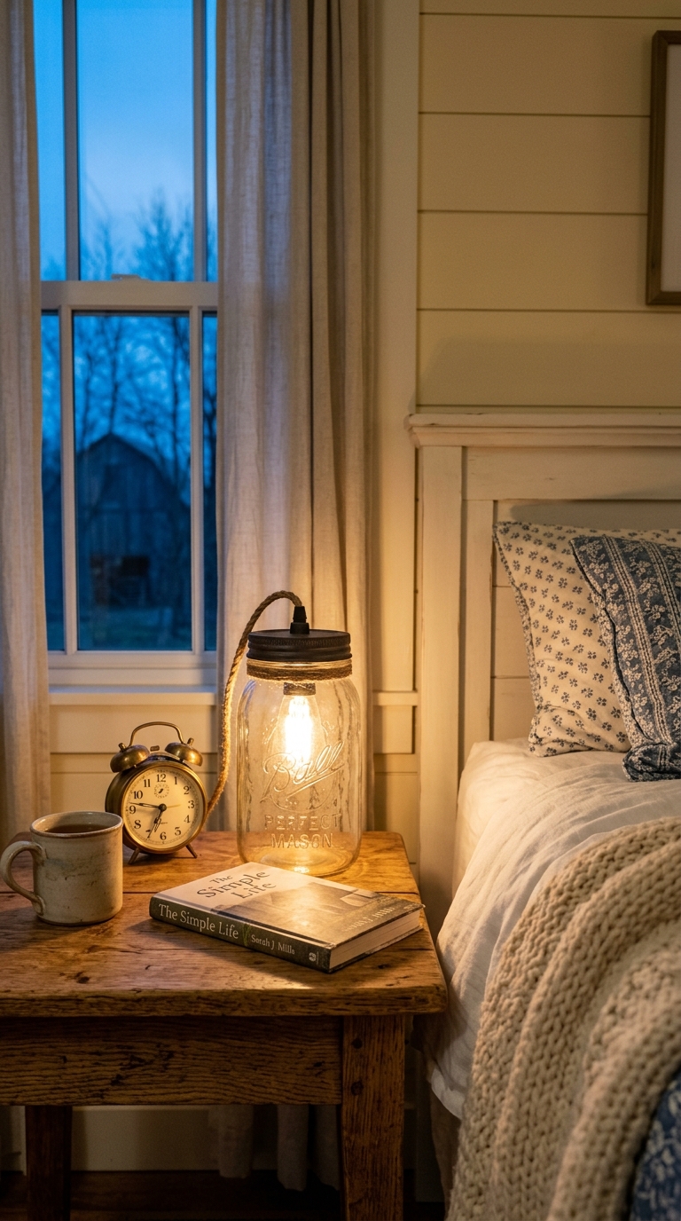 Mason jar-style lamp providing warm bedside lighting in a farmhouse bedroom