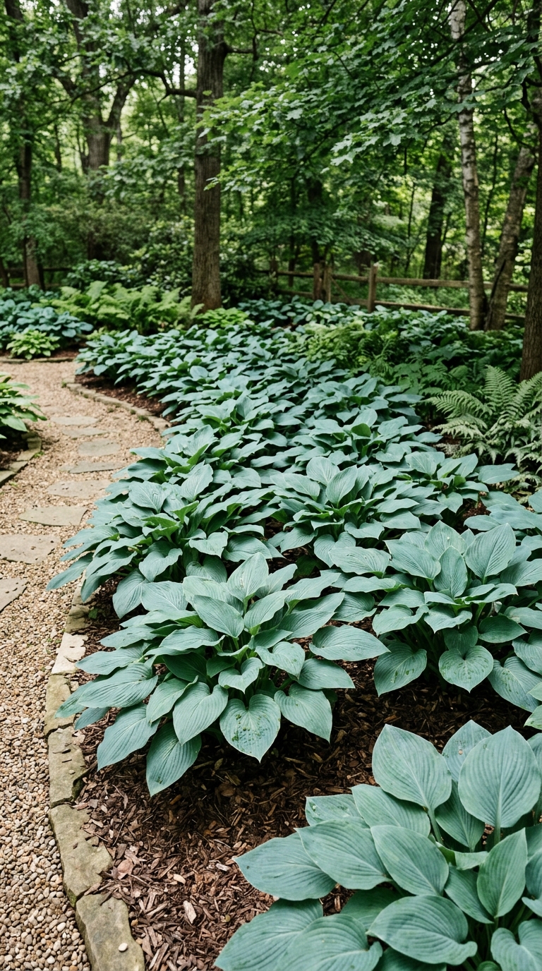 Mass planting of matching hostas creating a full shade garden bed