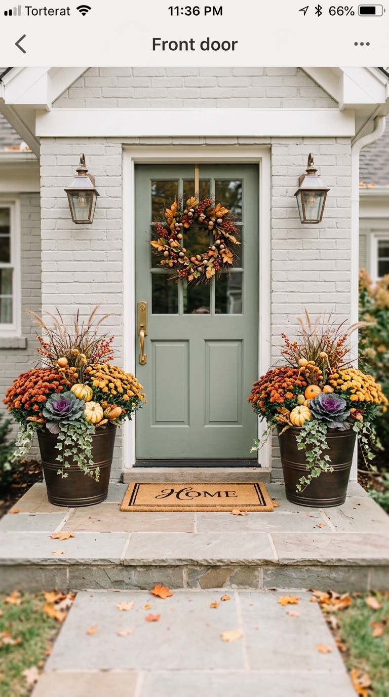 Matching planters framing a small fall front porch entryway.