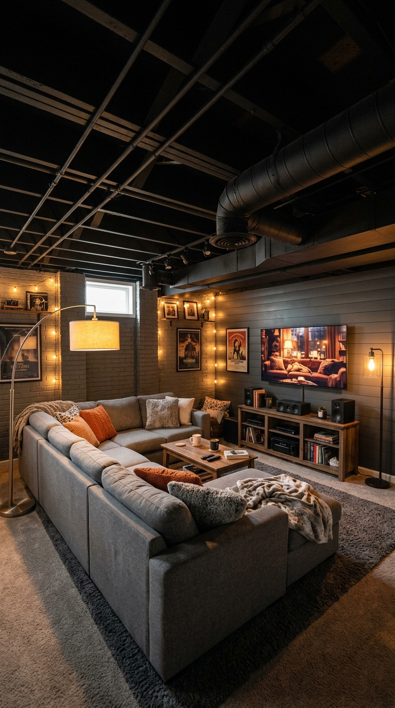 Matte black painted basement ceiling in a cozy media room with warm lighting