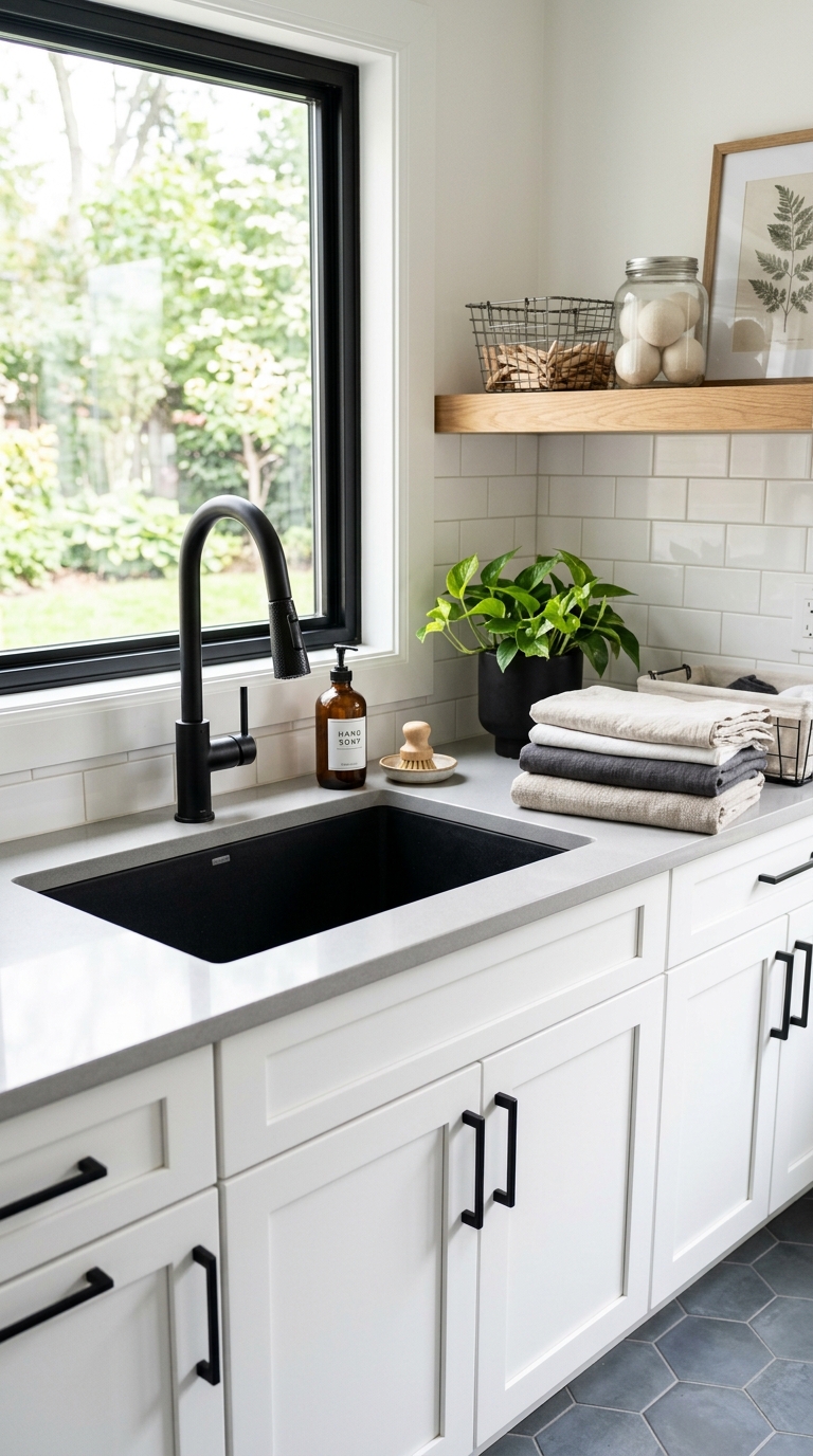 Matte black fixtures idea for an industrial laundry room