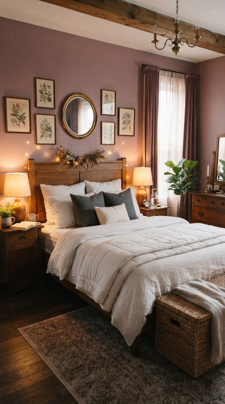 Mauve bedroom walls offering a calming, romantic tone