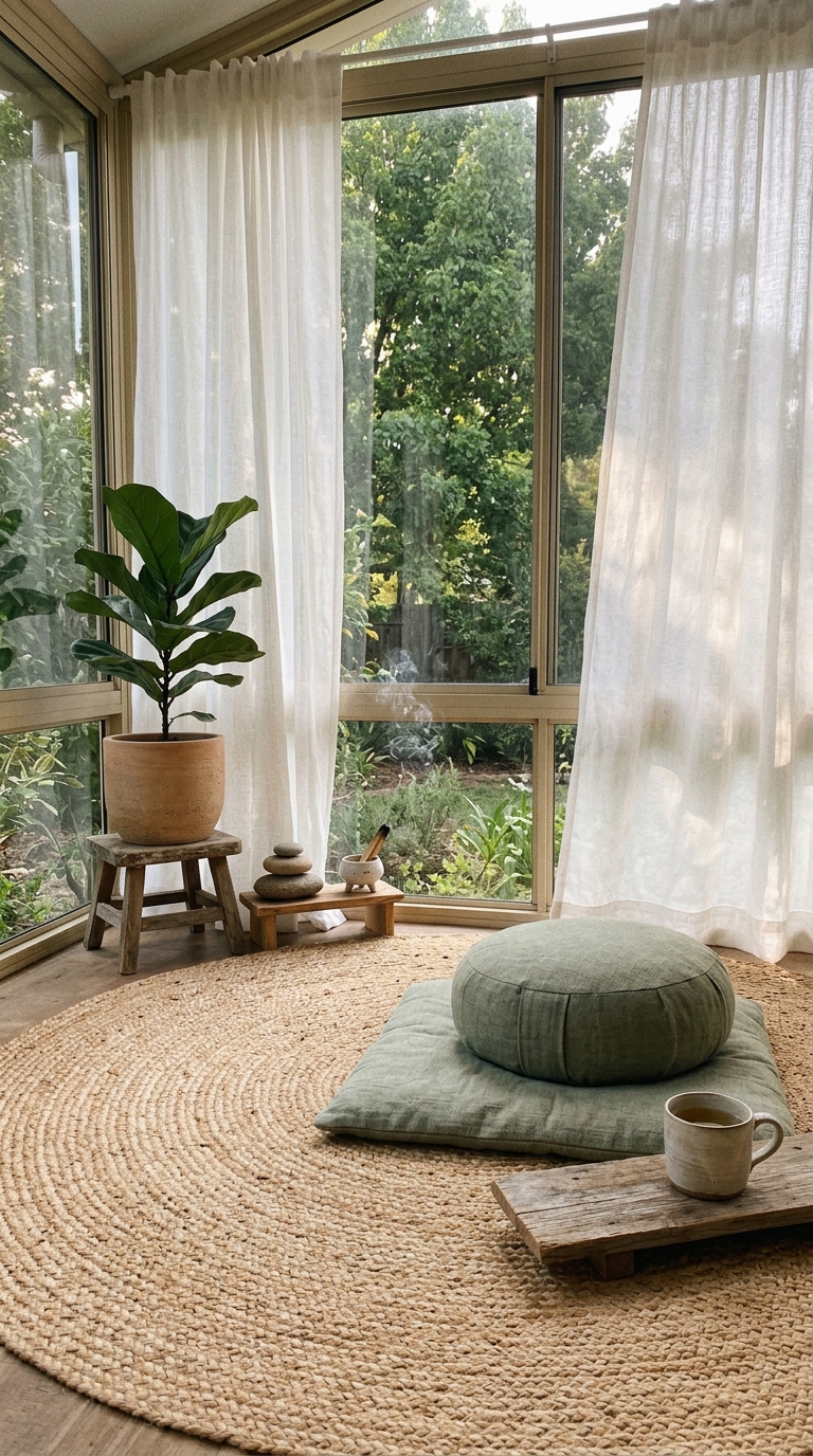 Enclosed porch meditation corner idea with jute mat and soft light