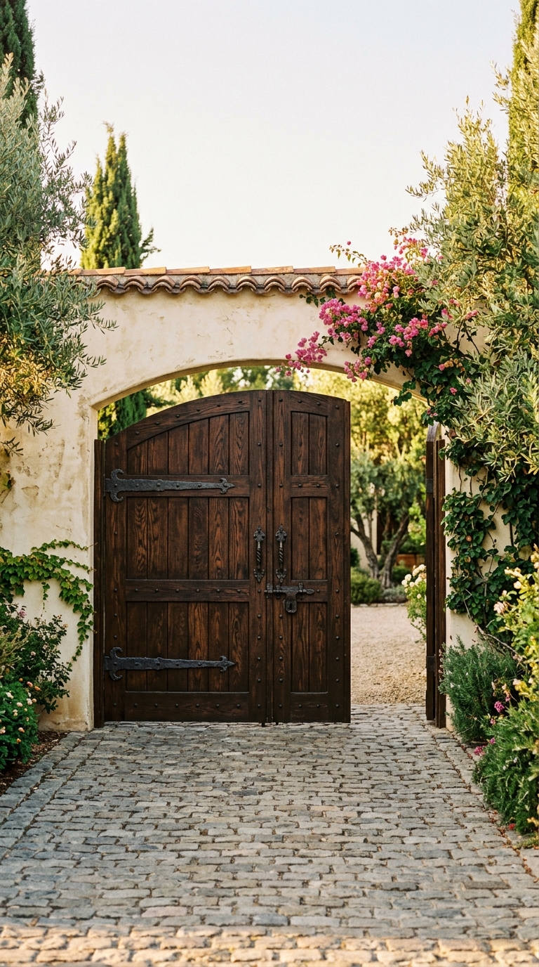 Mediterranean-style wooden driveway gate