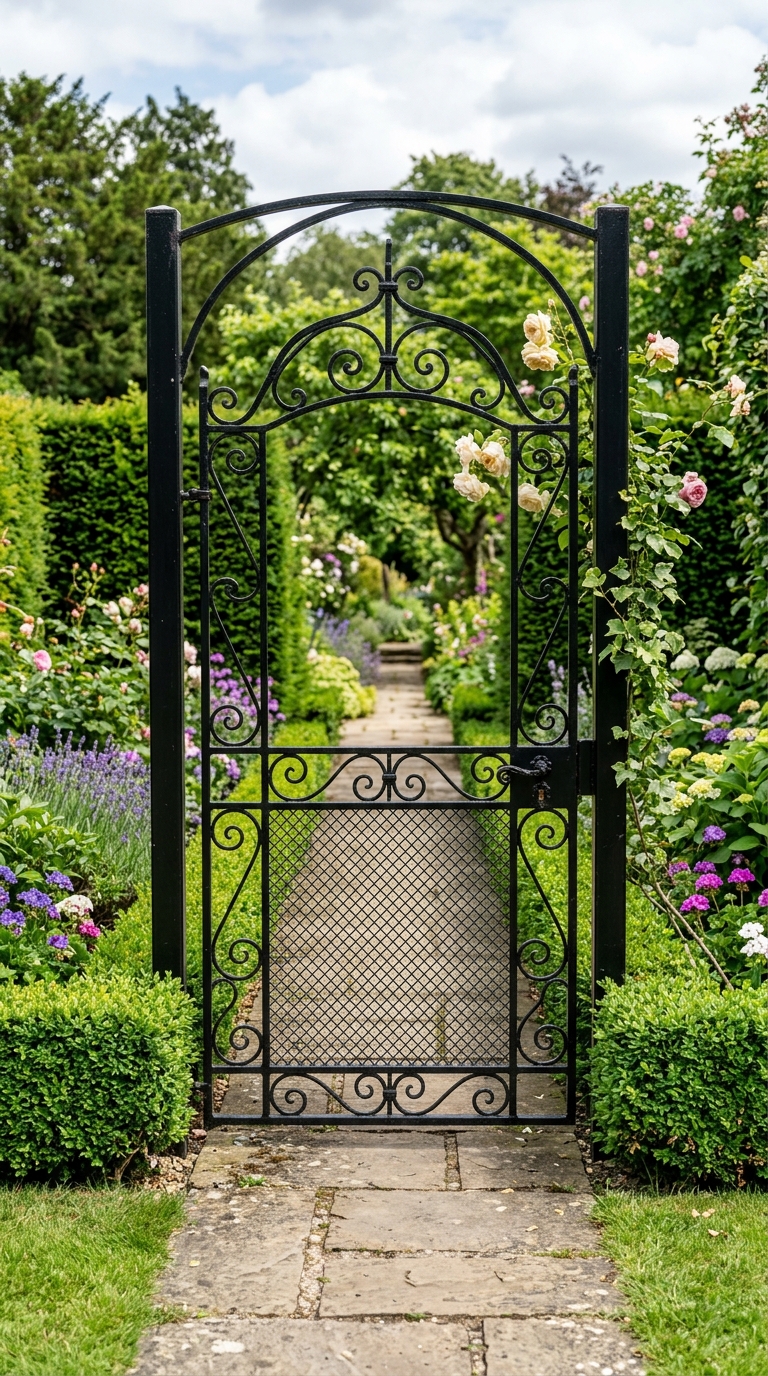 DIY metal mesh garden gate with wrought iron