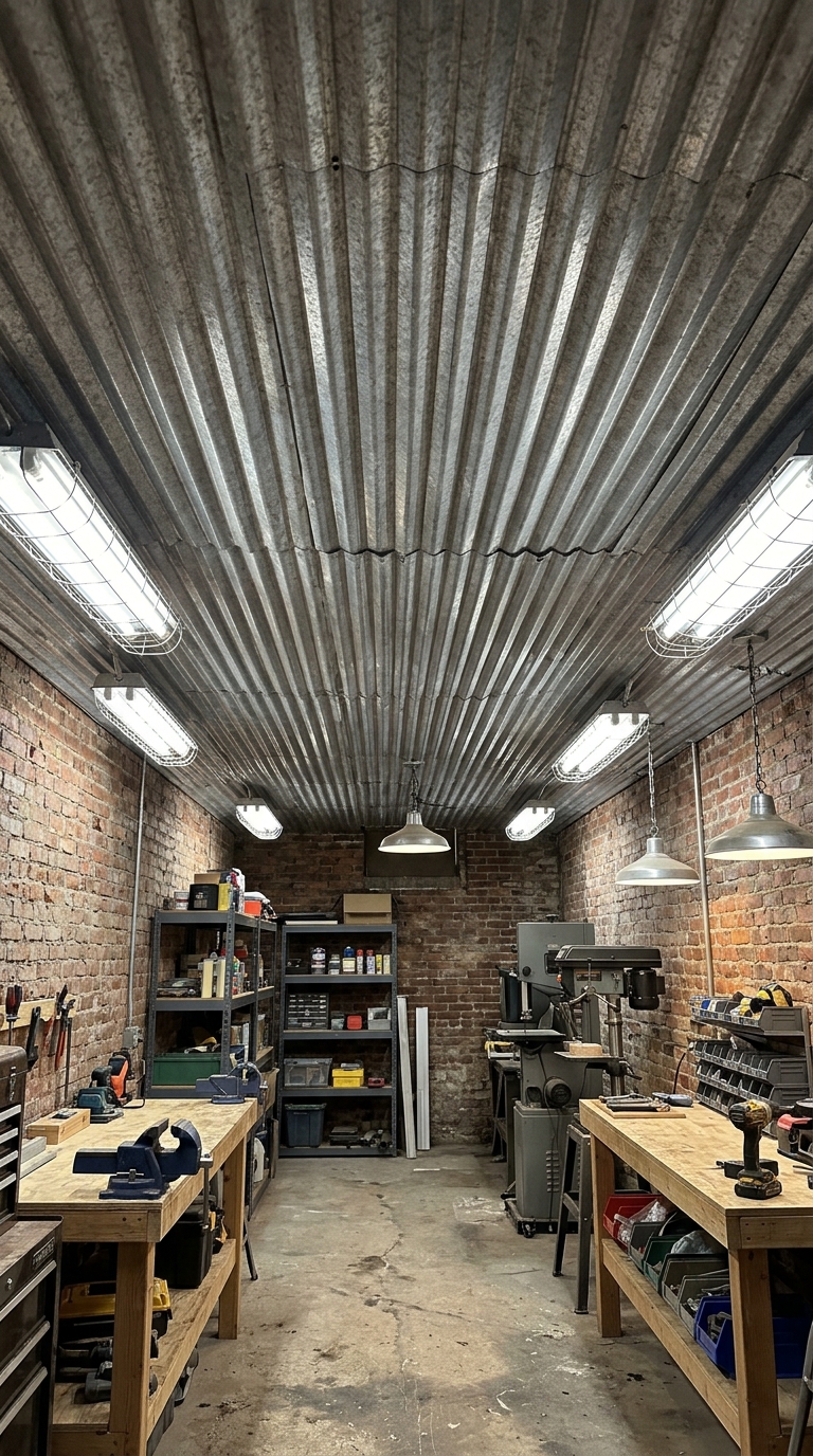 Natural metal roofing panel ceiling in an industrial basement workshop