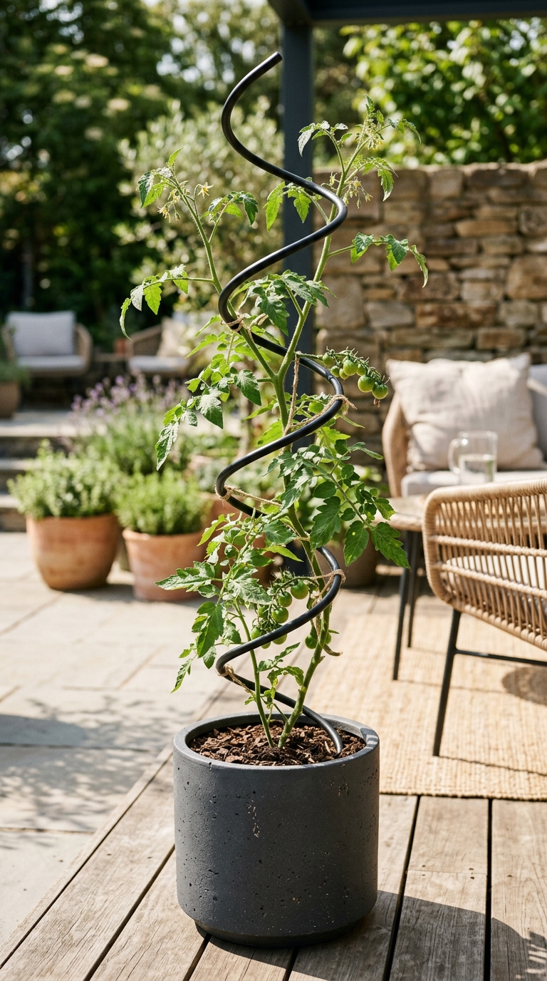 Matte black metal spiral stake supporting a tomato plant in a patio container