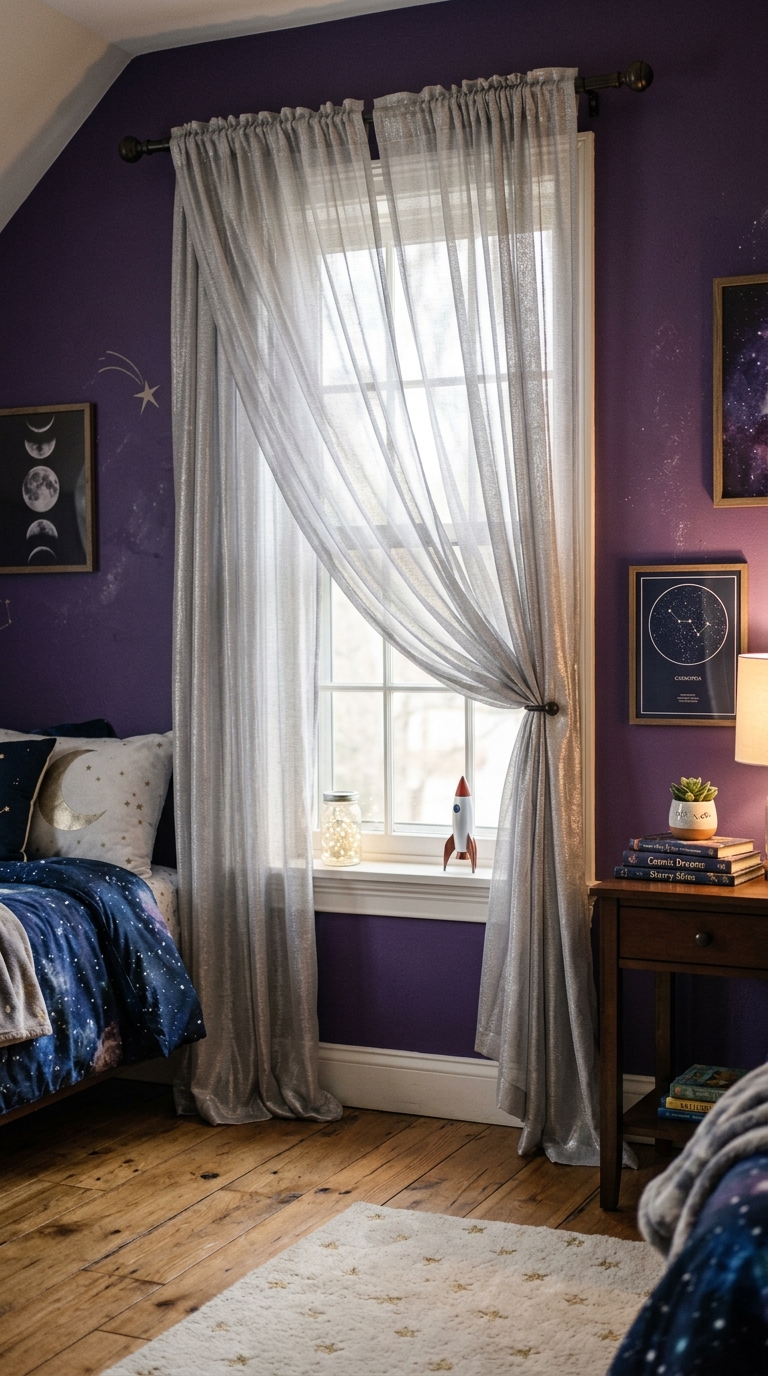 Metallic silver shimmer curtains in a galaxy-themed kids' bedroom
