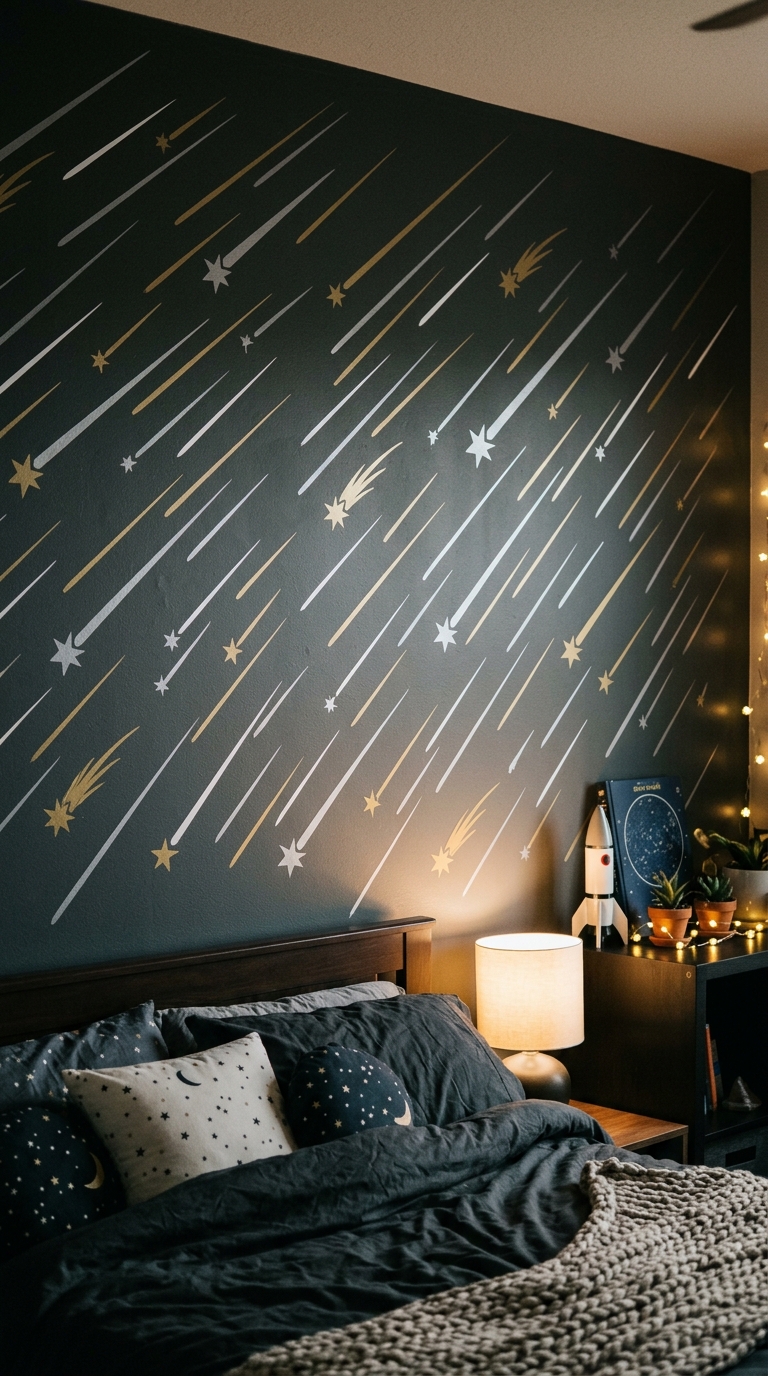 Meteor shower star decals streaking across bedroom wall
