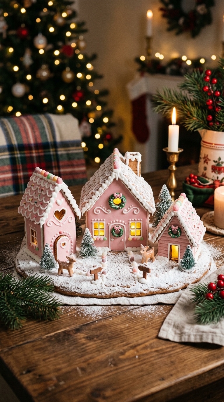 Miniature pink gingerbread house village with three small decorated cottages