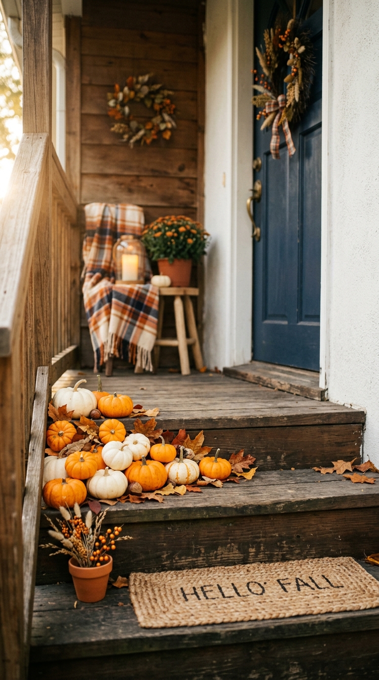 Mini pumpkins clustered on a small fall front porch step for compact decor.