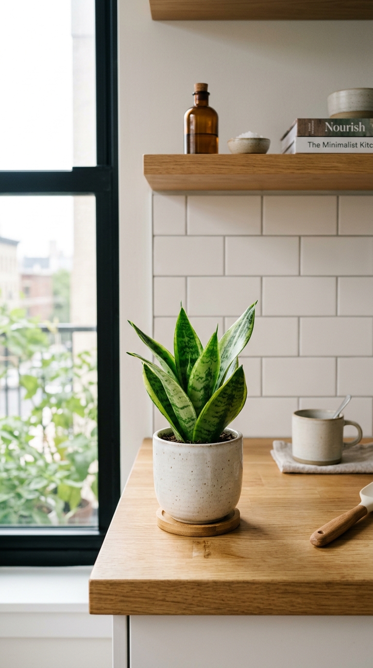 Mini snake plant styled in a small apartment kitchen