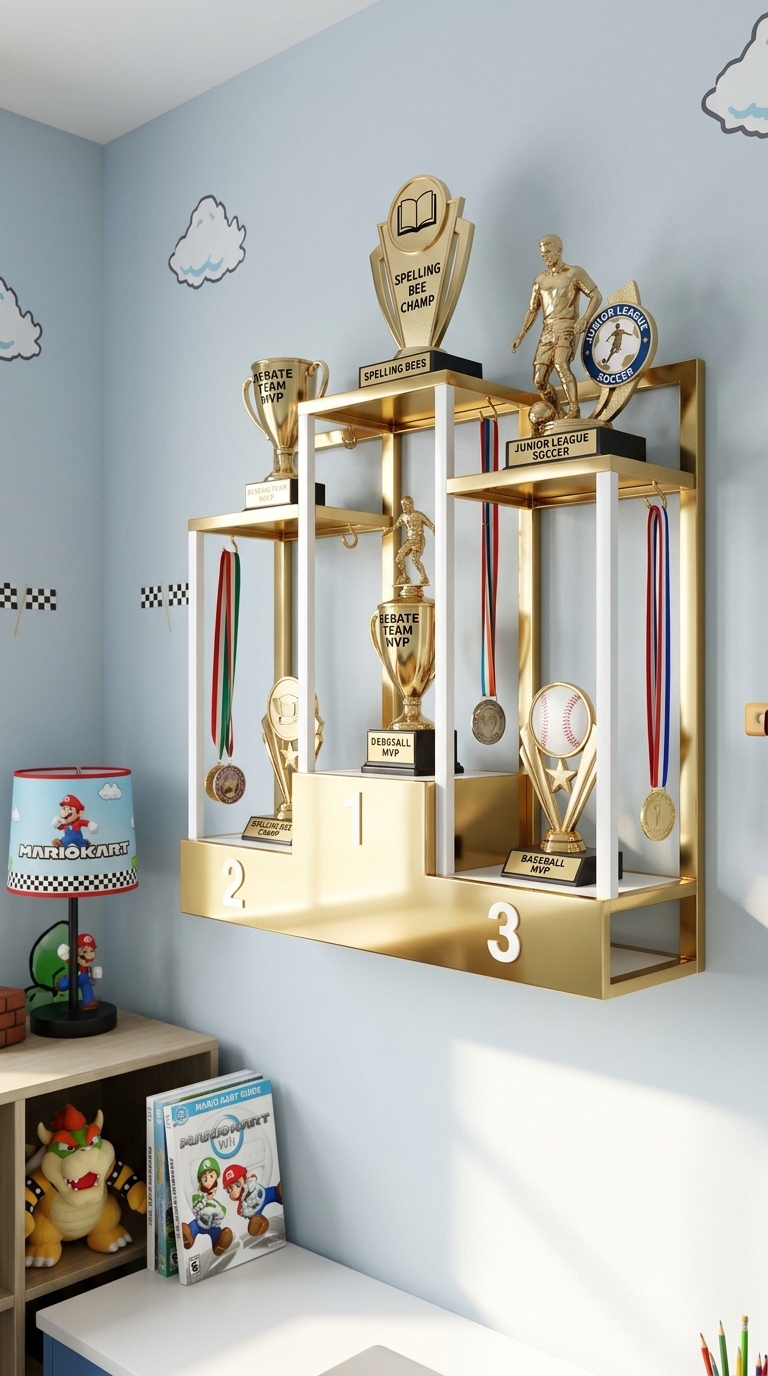 Podium style trophy display shelf in Mario Kart inspired bedroom