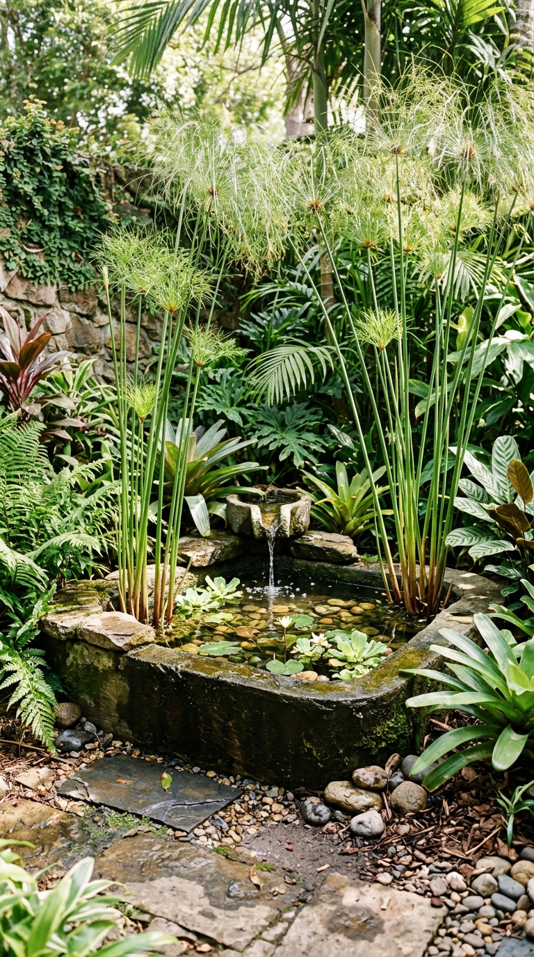 Small waterfall water feature surrounded by papyrus grass in a tropical garden corner