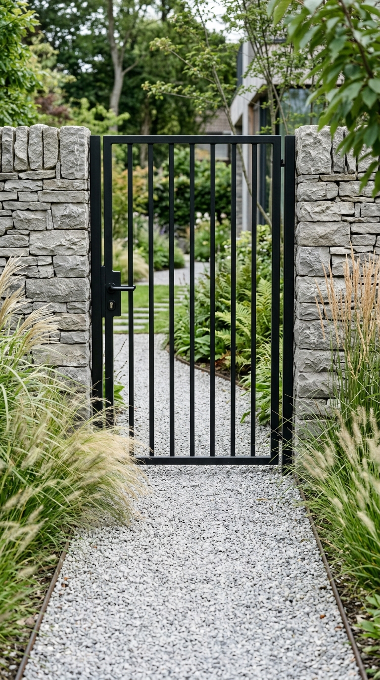 Minimalist black metal garden gate idea for a modern, low-maintenance yard