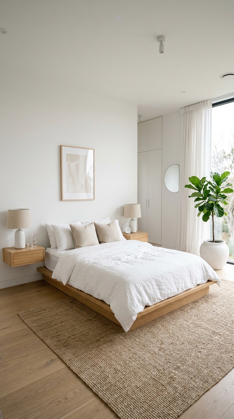 Minimalist beige and white couples bedroom with clean lines and calm uncluttered design
