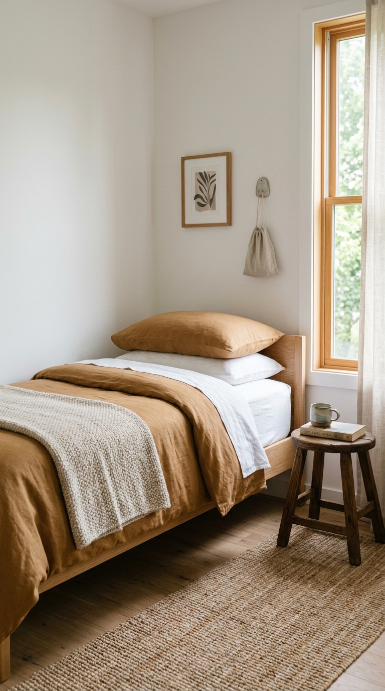 Minimalist fall bedroom with warm camel bedding and clean styling