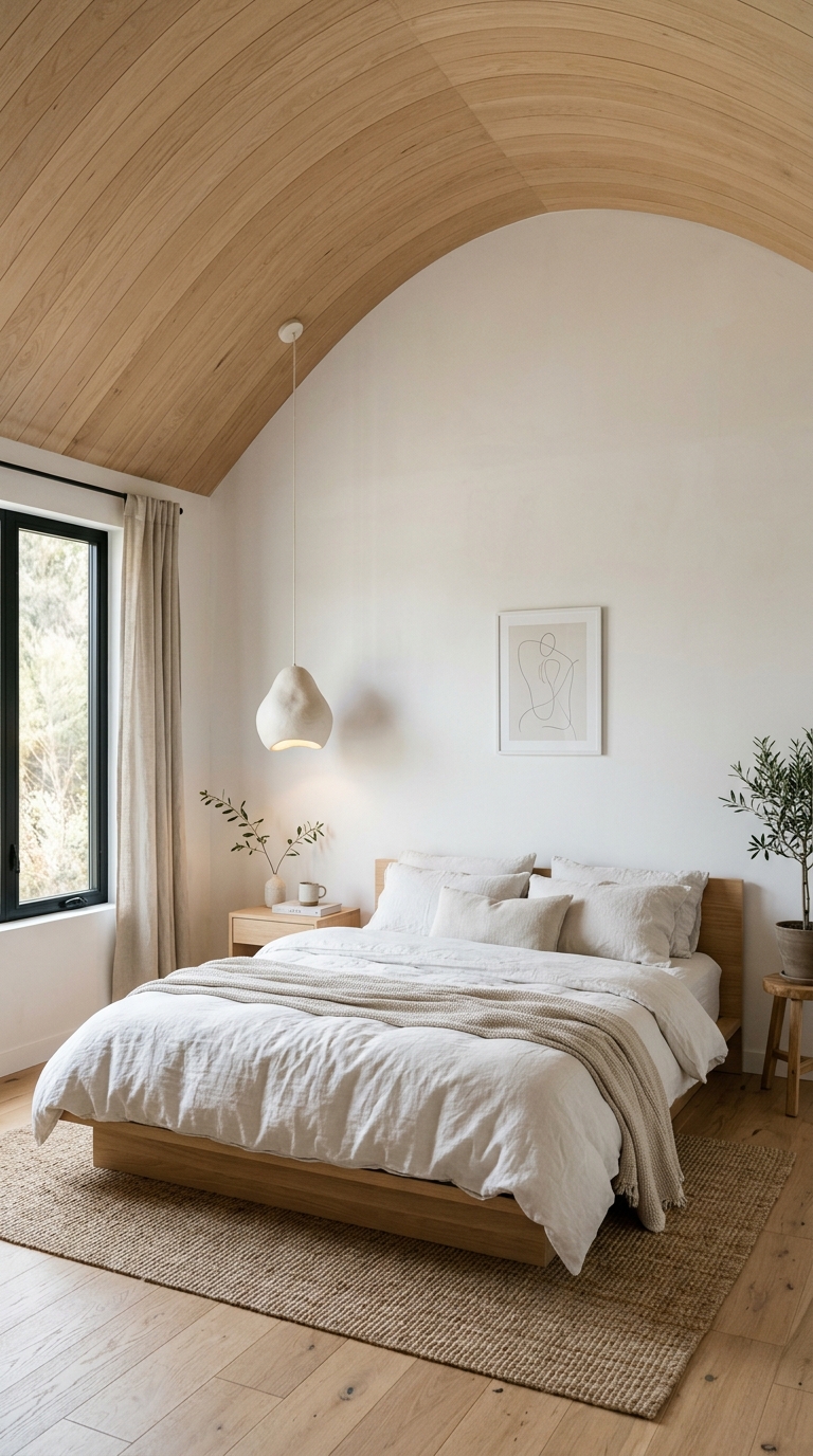 Minimalist Scandinavian bedroom with a light wood vaulted ceiling and simple white bedding