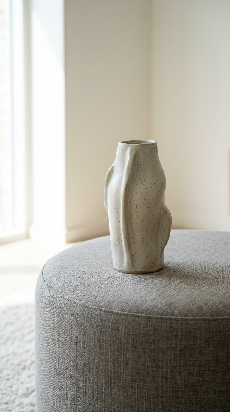 Minimalist ottoman coffee table styled with a single statement vase