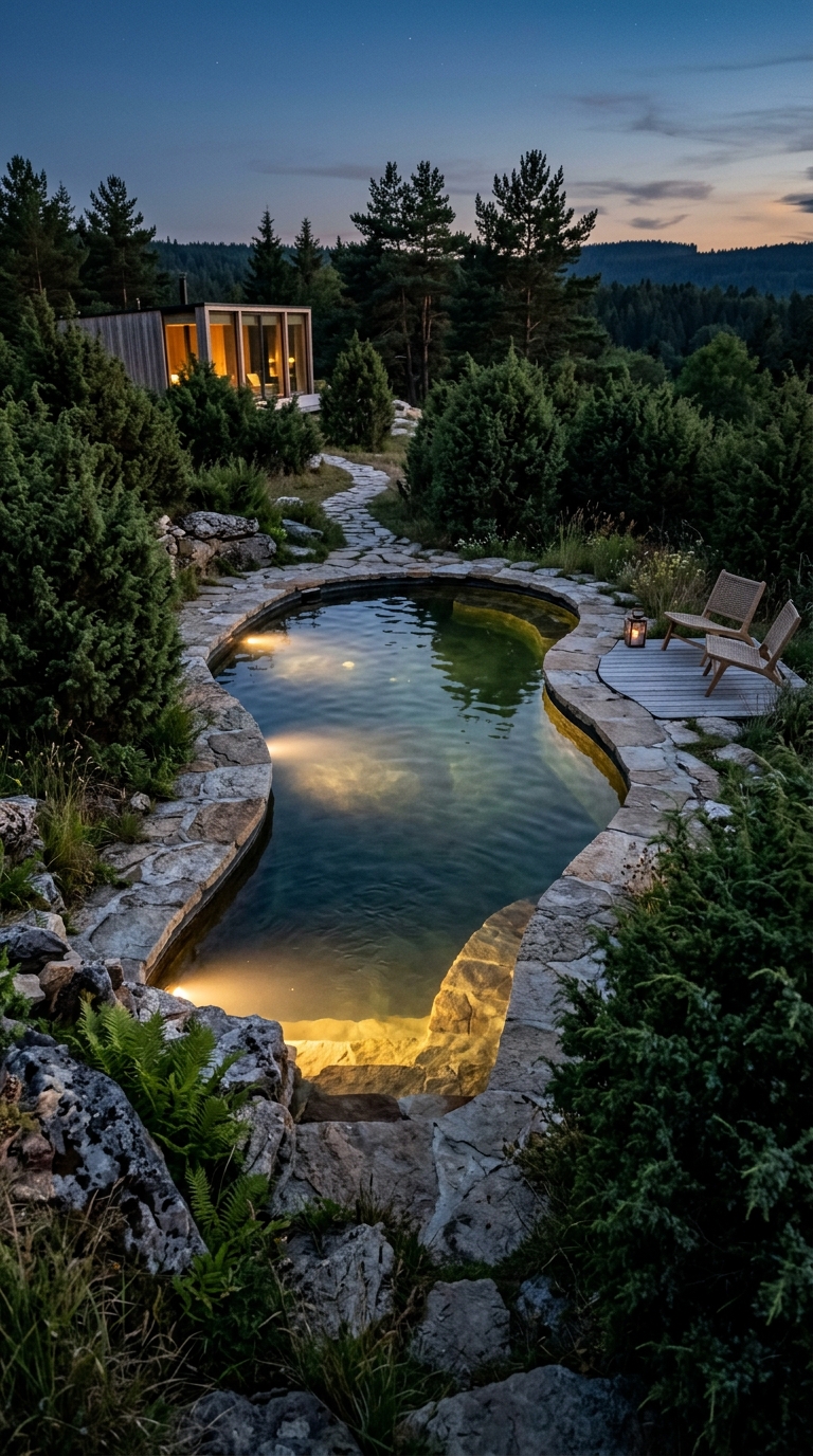 Minimalist stone-lined natural swimming pool with submerged lighting at dusk