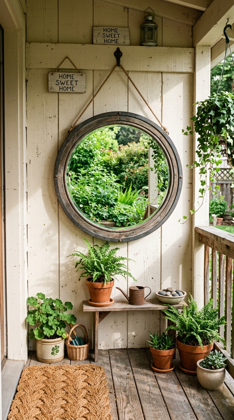 Mirror accent idea for adding depth to a small front porch wall