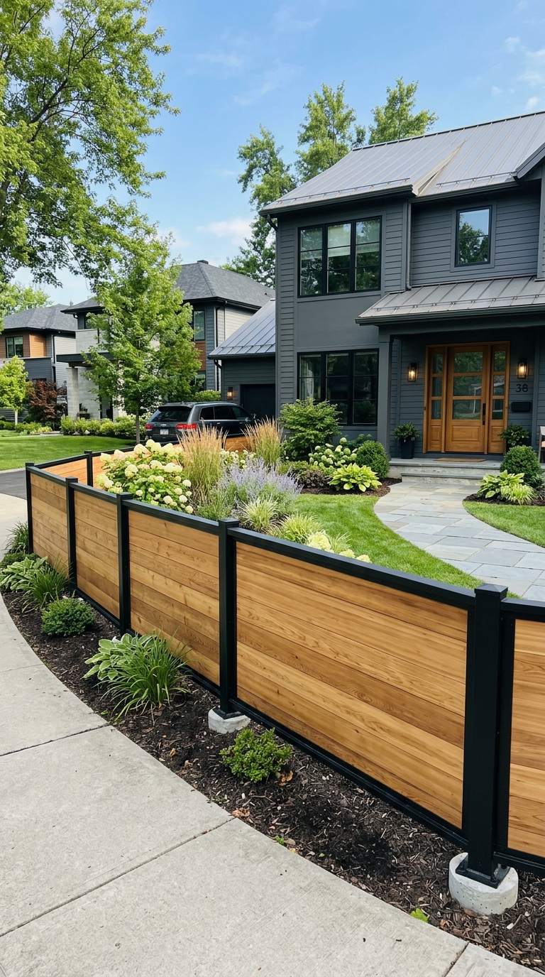 Mixed-material wood and metal fence idea for front yard