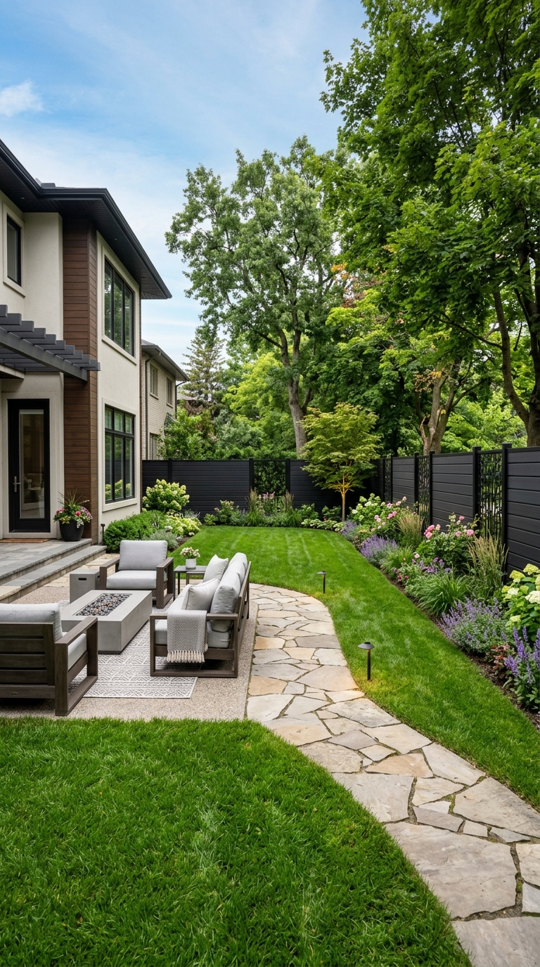 Elegant black garden fence with modern backyard landscaping.