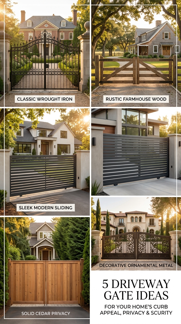 Modern wooden and black steel driveway gate with stone pillars and landscaped entrance