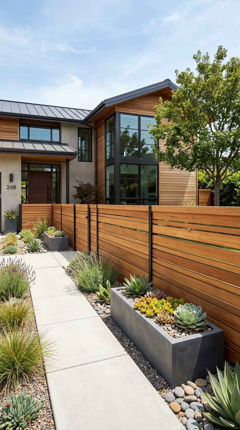 Modern horizontal slat fence idea for a contemporary front yard