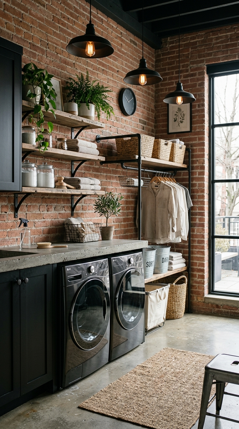 Modern industrial laundry room with exposed brick and black cabinets