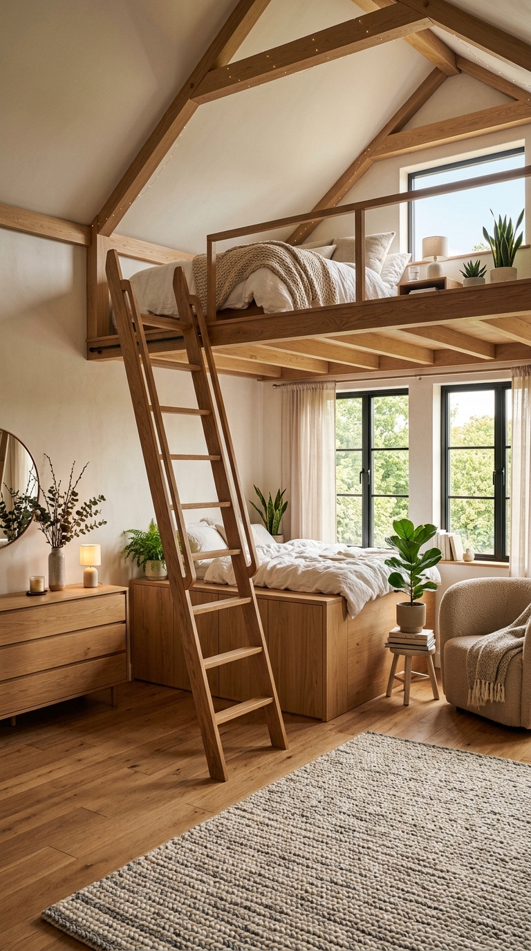 Cozy modern loft bedroom featuring a wooden loft bed, built-in storage, neutral décor, and natural light.